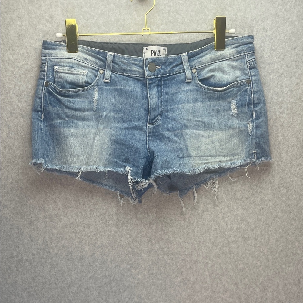 Paige Whitley Light Wash Distressed Raw Hem Denim Mini Shorts